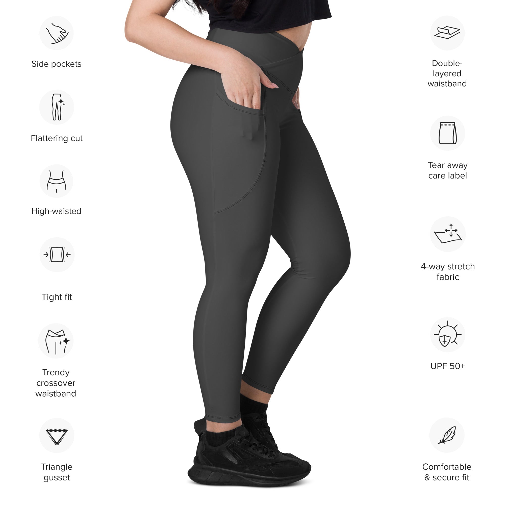 WOMEN'S CROSSOVER LEGGINGS, W POCKETS – CHARCOAL