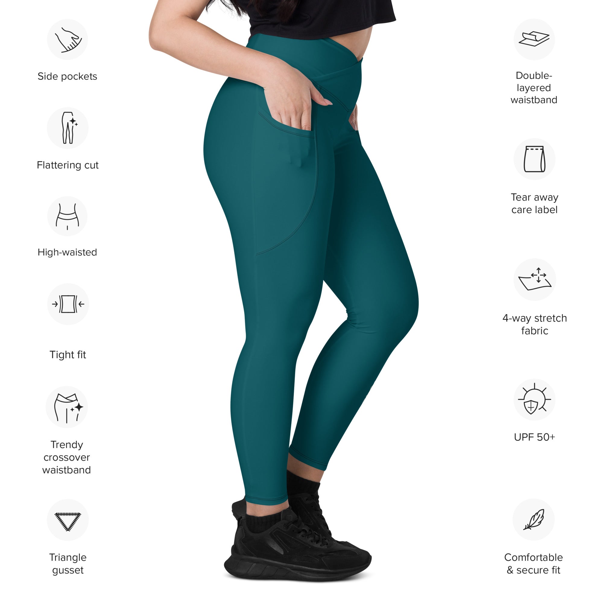 WOMEN'S CROSSOVER LEGGINGS, W POCKETS – DEEP TEAL